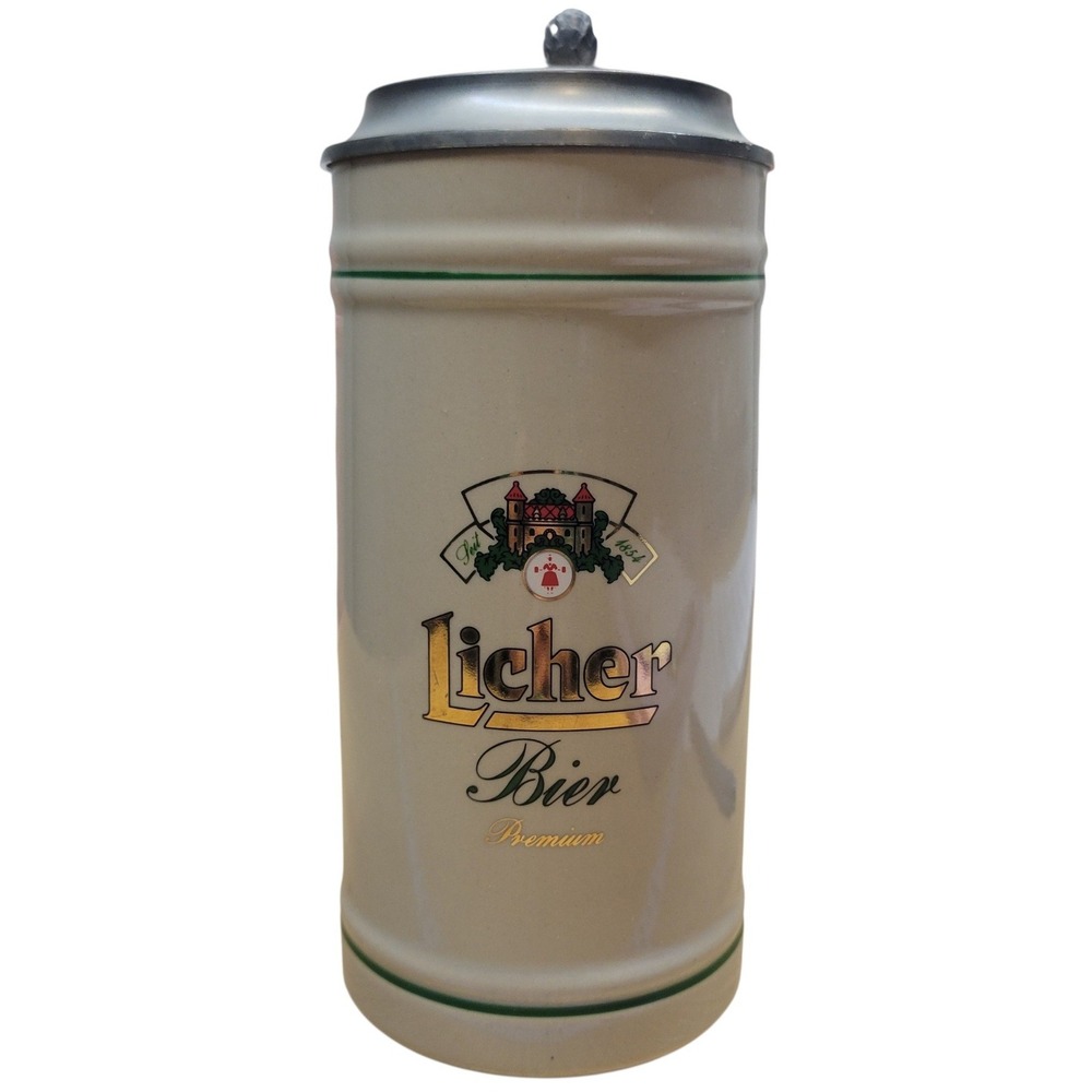 Licher Bier Rastal German Beer Stein 0.5L Pewter Lid Ceramic Mug Grey Green